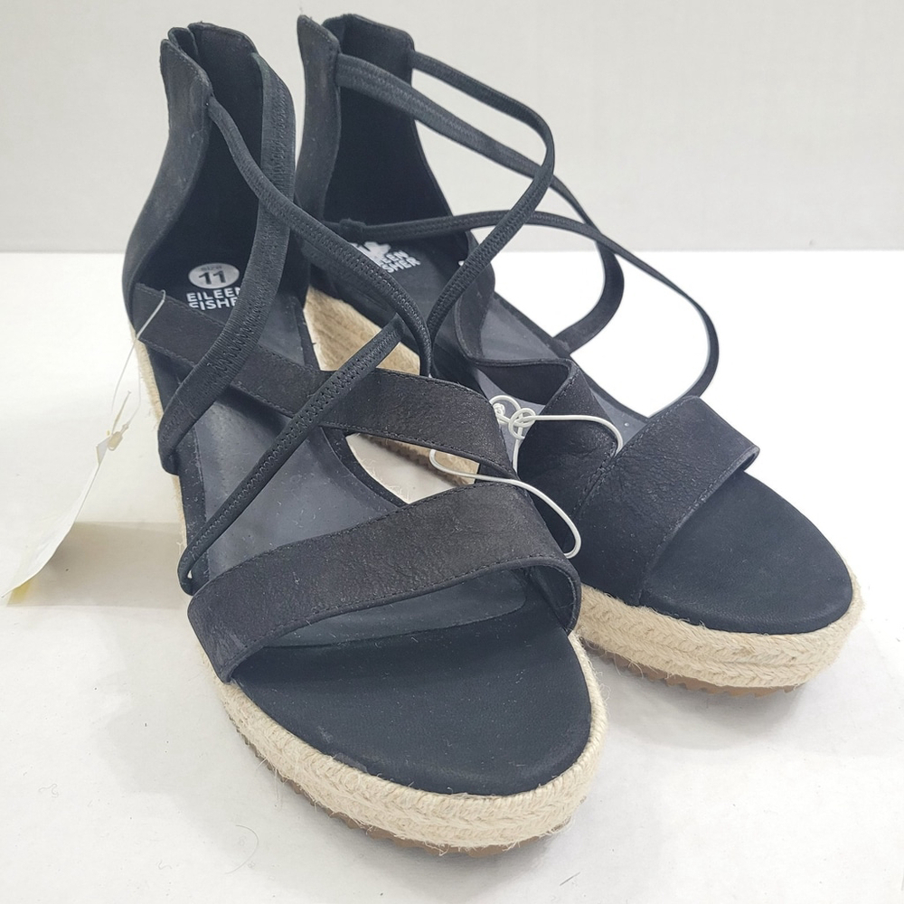 NEW Eileen Fisher Wanda Black Tumbled Nubuck Espadrille Wedge Sandal, Size 11 - Picture 7 of 11